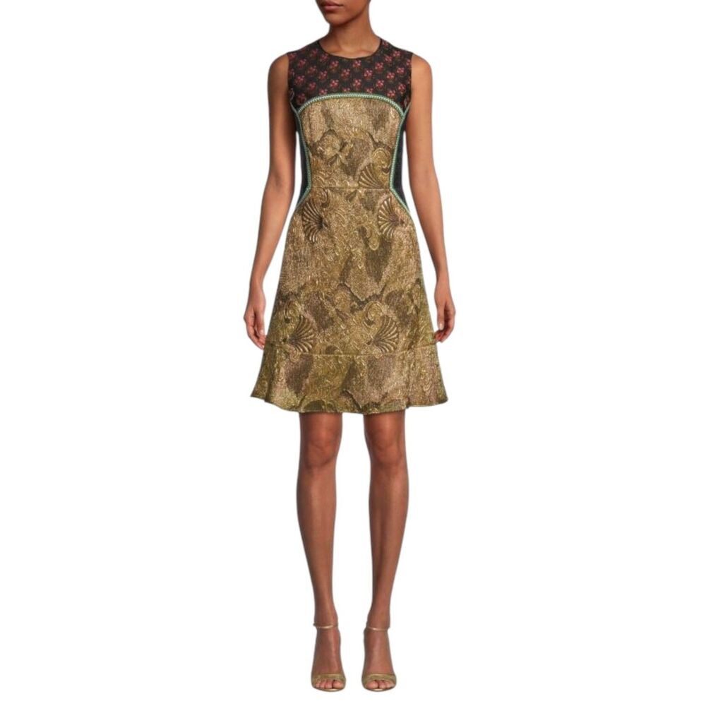 ETRO Jasper Gold Textured A-Line Dress US 6 IT 42 Sleeveless Paisley High Neck